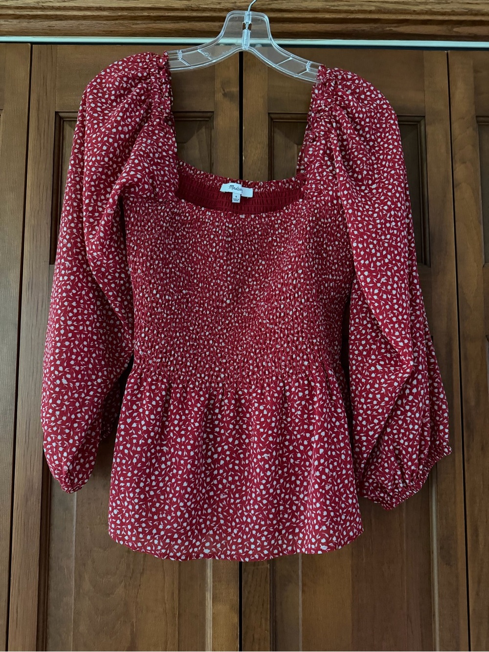 Madewell Red Smocked Peplum Blouse with Puff Sleeves